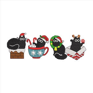 クリスマスのかわいい猫の刺繍デザイン 5 サイズ、刺繍された面白いクリスマス、黒猫のクリスマス機械刺繍ファイル、猫好きのギフト