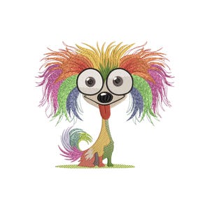 Peut inclure: Un chien de dessin animé avec une fourrure arc-en-ciel et de grands yeux ronds. Le chien sort sa langue et a une expression joyeuse.