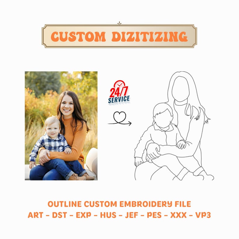 May include: A line drawing of a mother and child, with the text "24/7 Service" in a red circle with a white clock and the words "OUTLINE CUSTOM EMBROIDERY FILE ART - DST - EXP - HUS - JEF - PES - XXX - VP3" below the drawing.
