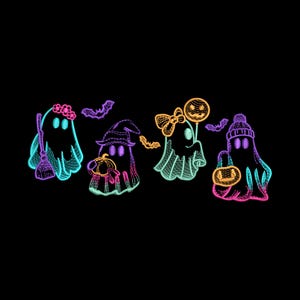 May include: Five colourful cartoon ghosts with different accessories, including a witch's hat, a bow, a pumpkin, and a broom. The ghosts are outlined in neon colours against a black background.