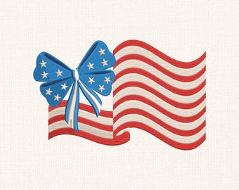 American Flag with Bow Embroidery Design, Bean Stitch, 4th of July, Patriotic Stars & Stripes, Summer Girl Embroidery File, Instant Download