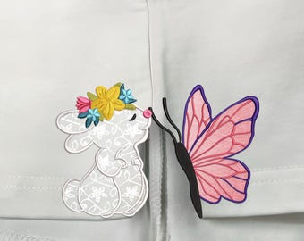 Bunny With Flower Butterfly Applique Machine Embroidery Designs 5 Sizes, Easter Bunny Flower Split Side Seam Embroidery, Easter Embroidery