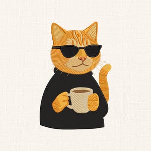 Può includere: Un gatto arancione tabby dei cartoni animati con occhiali da sole e un maglione nero a collo alto tiene una tazza di caffè bianca.