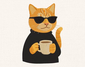 May include: A cartoon orange tabby cat wearing sunglasses and a black turtleneck sweater holds a white coffee mug.