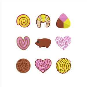 May include: Nine different embroidered patches in various shapes and colors, including a heart, a swirl, a crescent, a triangle, a pig, and a circle. The patches are all made with pink, yellow, and brown thread.