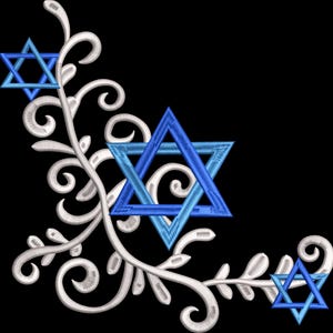 May include: Embroidered design featuring blue Star of David symbols and white floral accents on a black background. The design includes three six-pointed stars in varying shades of blue, with a detailed, swirling floral pattern.