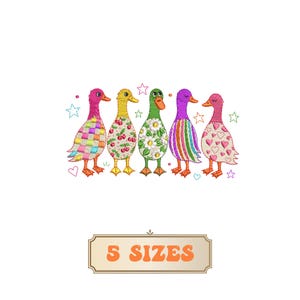 May include: An embroidery design featuring five ducks standing in a row. Each duck has a unique pattern: a colourful checkered quilt, red cherries, white daisies, vertical rainbow stripes, and pink hearts. Small stars and hearts surround them.