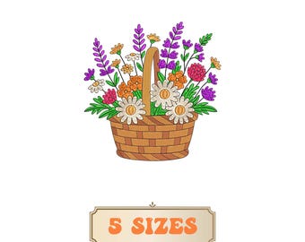 Flower Basket Embroidery Design 5 Sizes, Wildflower Meadow Machine Embroidery, Meadow Wild Garden, Boho Flower, Instant Download