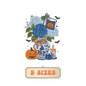 May include: An embroidery design featuring a blue and white vase filled with blue hydrangeas, an orange jack-o'-lantern, a blue pumpkin, a lit candle, bats, a ghost, and a hanging sign with a pumpkin icon. Below is a label reading 5 SIZES.