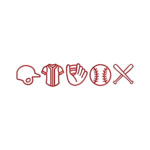 Pode incluir: Desenhos de linha vermelha de equipamentos de beisebol, incluindo um capacete, uma camisa, uma luva, uma bola e morcegos cruzados.
