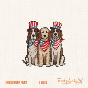 Patriotic Dog Trio Embroidery Design, 4th of July Dog Embroidery Design, USA Flag Hat, Uncle Sam Dog, Independence Day, Instand Download