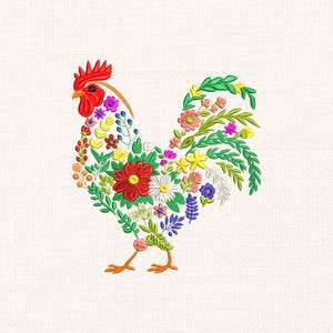 Funny Chicken Embroidery Design 5 Sizes, Floral Rooster Embroidery Design, Farmhouse Animal Embroidery, Machine Embroidery, Instant Download