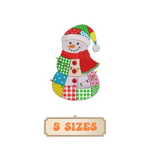 May include: A whimsical snowman design with a patchwork body, wearing a red scarf and a colorful hat. The snowman has a carrot nose and button eyes. The image includes the text "5 SIZES" in a decorative banner.