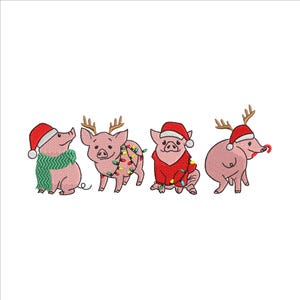 May include: Four embroidered pink pigs in festive holiday attire. One pig wears a Santa hat and green scarf, another has antlers and string lights, a third is in a red sweater and lights, and the last has antlers and a Santa hat.
