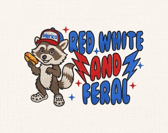 Rot, weißer und wilder Waschbär, 4. Juli Stickdatei, Wilder Waschbär mit Hotdog, Instant Download
