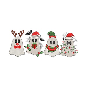 May include: Embroidered design featuring four cartoon ghosts in festive attire. One ghost wears reindeer antlers and a bow tie. Another holds a gift and wears a Santa hat. The third has a scarf and a green hat. The last is wrapped in Christmas lights.