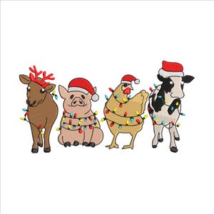 May include: Embroidered Christmas design featuring a reindeer, pig, chicken, and cow, each wearing a Santa hat and wrapped in colorful string lights. The animals are depicted in a cartoon style, perfect for holiday decor.