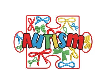 Autism Awareness Coquette Embroidery Design 5 Sizes, Autism Bow Embroidery, Autism Mama Machine Embroidery File, Autism Advocate Design