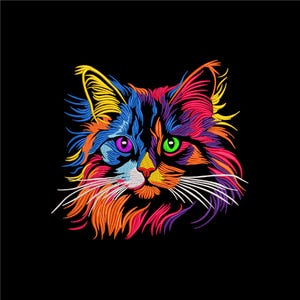 Puede incluir: Un gato abstracto colorido con pelaje naranja, amarillo, azul, verde y morado brillante. El gato tiene bigotes blancos y una mancha blanca en la nariz.