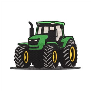 Op de afbeelding: Een groene tractor met grote zwarte banden en gele velgen. De tractor heeft een zwarte cabine met een voorruit en een zwarte uitlaatpijp.