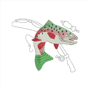 Pode incluir: Um desenho de linha de uma truta com marcas vermelhas e verdes, presa a uma vara de pesca. A vara é representada com uma linha e uma isca.