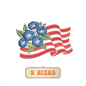 May include: An embroidery design featuring a cluster of four blue morning glory flowers with green leaves layered over a series of wavy red horizontal stripes. Below the graphic, a rectangular label contains the text 5 SIZES.