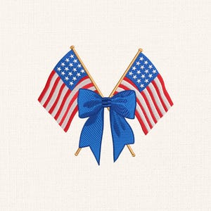 May include: Two American flags crossed behind a large blue bow. The flags are red, white, and blue.