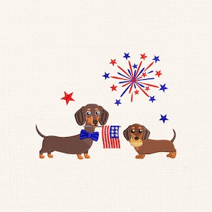 Design de bordado de Dachshunds patrióticos, filhote de cachorro do 4 de julho com bandeira dos EUA, arquivo de bordado de animal de estimação do Dia da Independência, download instantâneo.