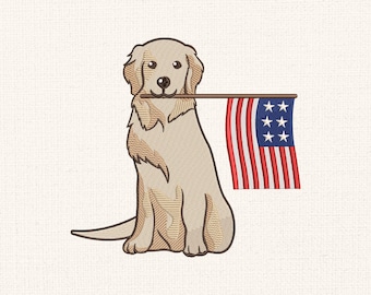 May include: An embroidered design of a golden retriever dog sitting and holding a small American flag in its mouth. The flag features red and white stripes and a blue square with white stars. The dog is light brown with detailed stitching.