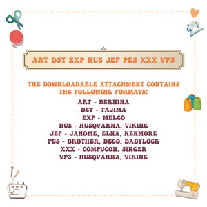 May include: A colorful graphic with sewing machine icons and thread spools. The text reads "ART DST EXP HUS JEF PES XXX VP3" and "THE DOWNLOADABLE ATTACHMENT CONTAINS THE FOLLOWING FORMATS:" followed by a list of embroidery file formats and their corresponding machine brands.