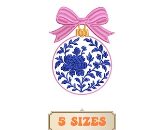 Grandmillennial Christmas Embroidery 5 Size, Floral Christmas Ornament Embroidery, Coquette Bow Embroidery File, Chinoiserie Holiday Pattern