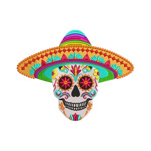 May include: A colorful sugar skull wearing a traditional Mexican sombrero. The skull has intricate floral designs and bright colors, including pink, blue, yellow, and green. The sombrero is yellow with red and blue accents.