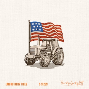 May include: An illustration of a tractor with the word "TRACTOR" on the front, and an American flag waving in the background. The image is in shades of brown and white, with the flag featuring red and white stripes and blue stars.