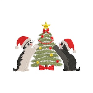 Christmas Cats Embroidery Design 5 Sizes, Christmas Cute Cat Embroidery Design, Christmas Tree Embroidery, Black Cat Machine Embroidery File