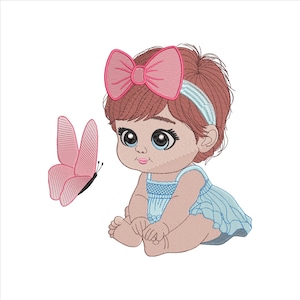 Cute Baby Girl Embroidery Design 5 Sizes, Cute Girl Machine Embroidery File, Princess Embroidery Design, Girl With Butterfly Embroidery File