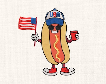 Divertente disegno da ricamo con bandiera patriottica degli USA per il 4 luglio, hot dog divertente, giorno dell'indipendenza, amanti degli hot dog, libertà, download immediato.