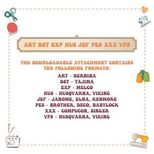 May include: A colorful graphic with sewing machine icons and thread spools. The text reads "ART DST EXP HUS JEF PES XXX VP3" and "THE DOWNLOADABLE ATTACHMENT CONTAINS THE FOLLOWING FORMATS:" followed by a list of embroidery file formats and their corresponding machine brands.