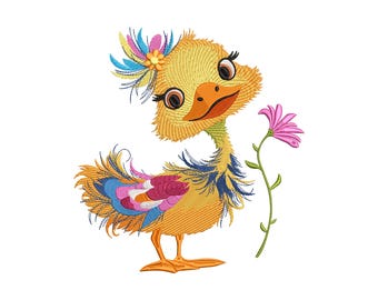 Funny Crazy Duck Embroidery Design 5 Sizes, Cute Duck Machine Embroidery File, Quirky Duck Floral Embroidery Design