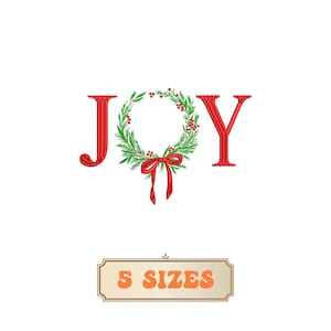 May include: A festive design with the word "JOY" in red, featuring a wreath with red berries and a red bow. The text "5 SIZES" is displayed in a banner below the word "JOY".