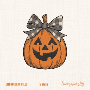Retro Preppy Fall Pumpkin Embroidery Design, Halloween Jack O’ Lantern Embroidery Design, Checkered Bow Machine Embroidery, Instant Download