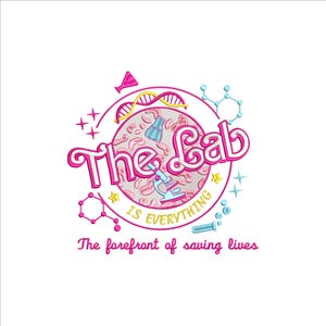 Puede incluir: Un logotipo rosa y azul con el texto "The Lab is Everything" en un círculo. El círculo contiene un microscopio, un vaso de precipitados y una cadena de ADN. El texto "The forefront of saving lives" está debajo del círculo.