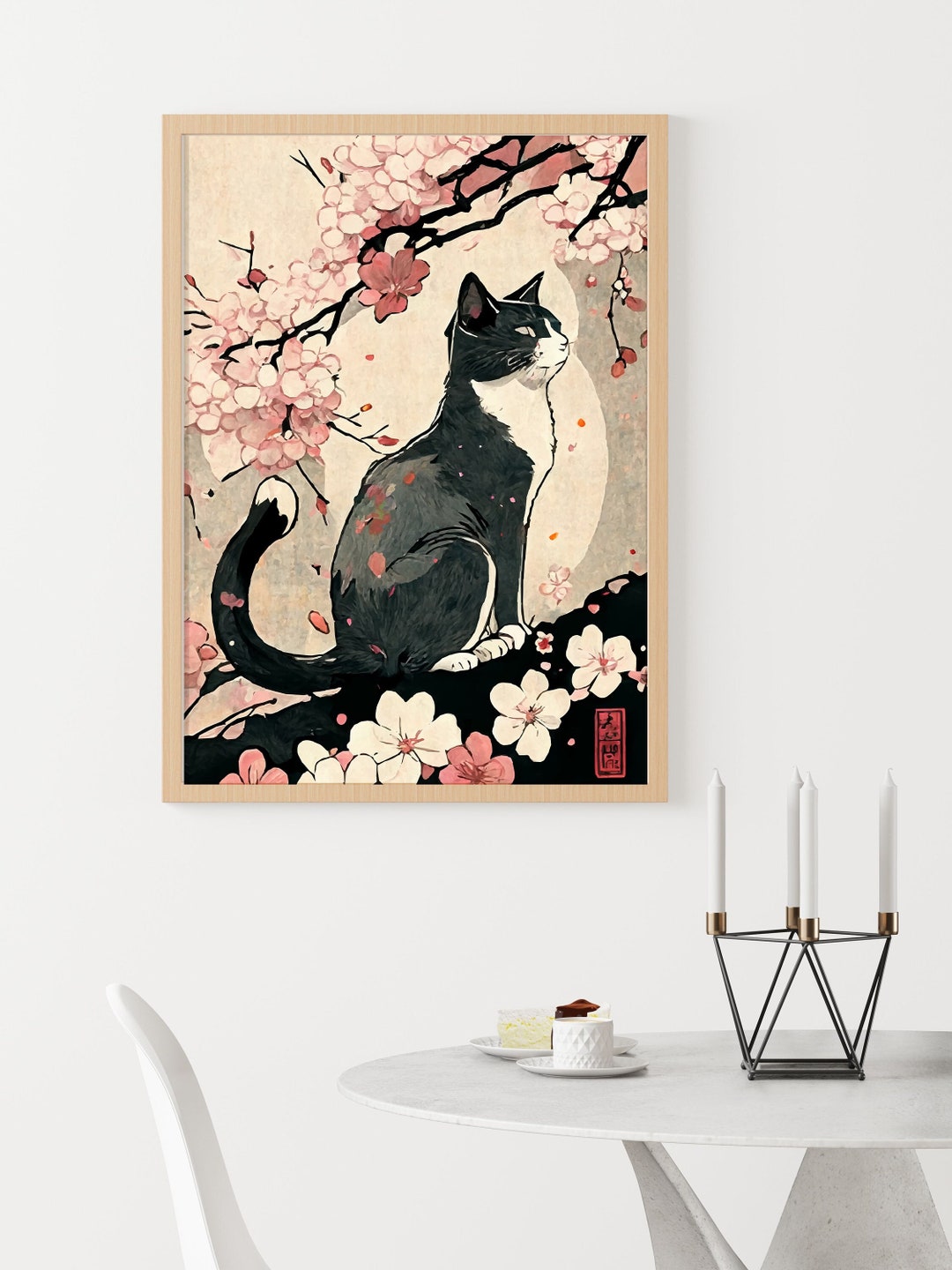Cat in Blossom, Japanese Art Style, Japanese Cat Poster, Japanese Cat