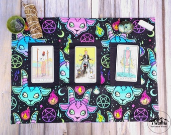 Reversible 3 Card Tarot Mat and Crystal Grid Mat - Baby Baph and purple sacred geo