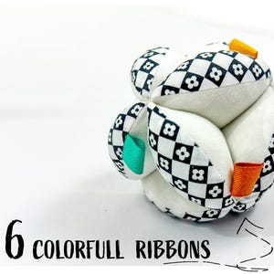 Montessori Ball -&gt; Cloth Ball with contrast fabric & 6 colorful ribbons... Puzzle Ball, Development Toy