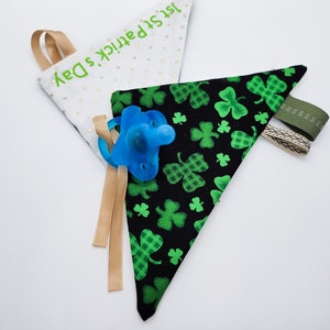 Sensory Pacifier Attachment with Irish Clovers...  Shamrock Toy For Little Girls and Boys with Crinkle Paper and Name Tag!