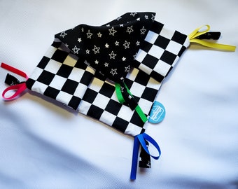 Personalized Square Blanket Black&White, Stars/Checkered with colorful ribbons and crinkle paper, great for Baby Shower Gift (NAME TAG)
