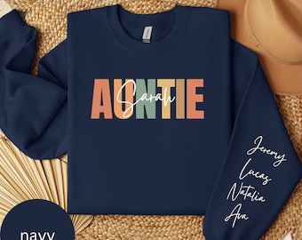 Aangepaste tante sweater met kindernamen op mouw, gepersonaliseerde tante trui, Moederdagcadeau, verjaardagscadeau voor tante, nieuwe tante cadeau