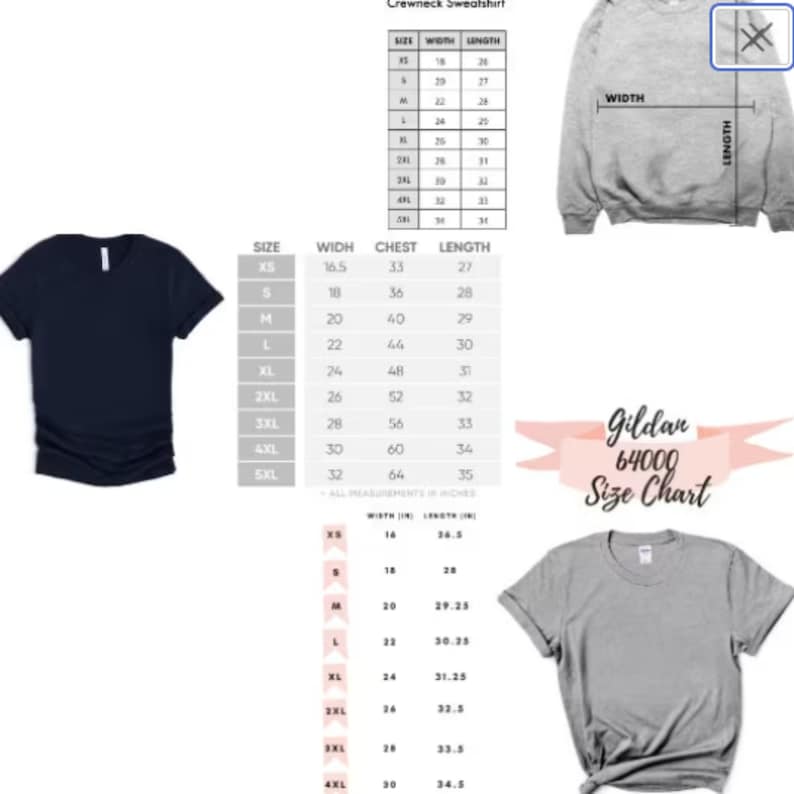 May include: A navy blue v-neck t-shirt and a gray crewneck sweatshirt are displayed, along with size charts for both. The charts provide measurements in inches for width, chest, and length, including Gildan 64000 size chart.