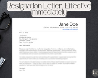 Letter of resignation effective immediately, short notice employee separation, Word + Google Doc template