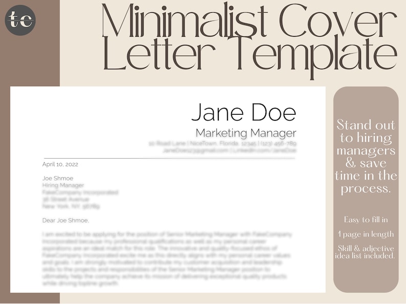 Minimalist Cover Letter Template Sample Cover Page CV Etsy